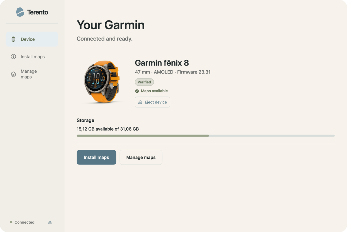 Terento map manager app running on macOS connected to a Garmin watch