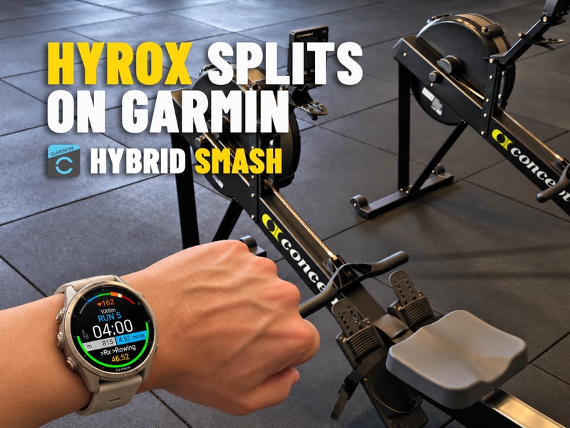 Garmin watch on an athlete's wrist showing the Hybrid Smash Run 5 screen with Rowing up next, beside Concept2 rowers in a gym