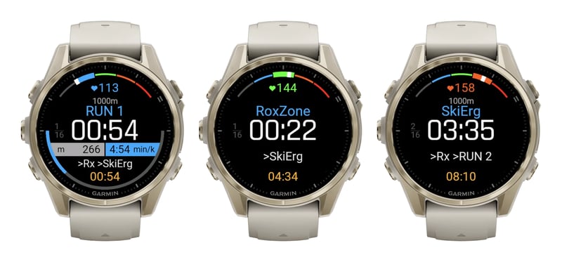 Three Hybrid Smash Race Day screens on a Garmin watch: Run 1 with a blue on-target pace bar, the Roxzone with SkiErg up next, and the SkiErg station with a 1000 m target