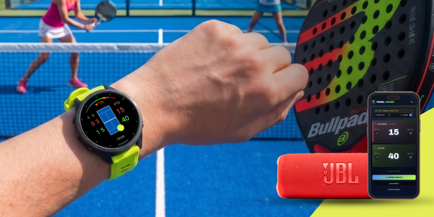 Garmin watch on a player's wrist showing the Padel Smash score screen during a padel match, with a racket, Bluetooth speaker and phone courtside