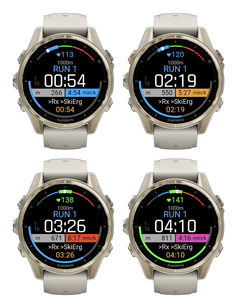 Four Hybrid Smash run screens on a Garmin watch with the live pace bar in blue for on target, orange, red and purple-pink