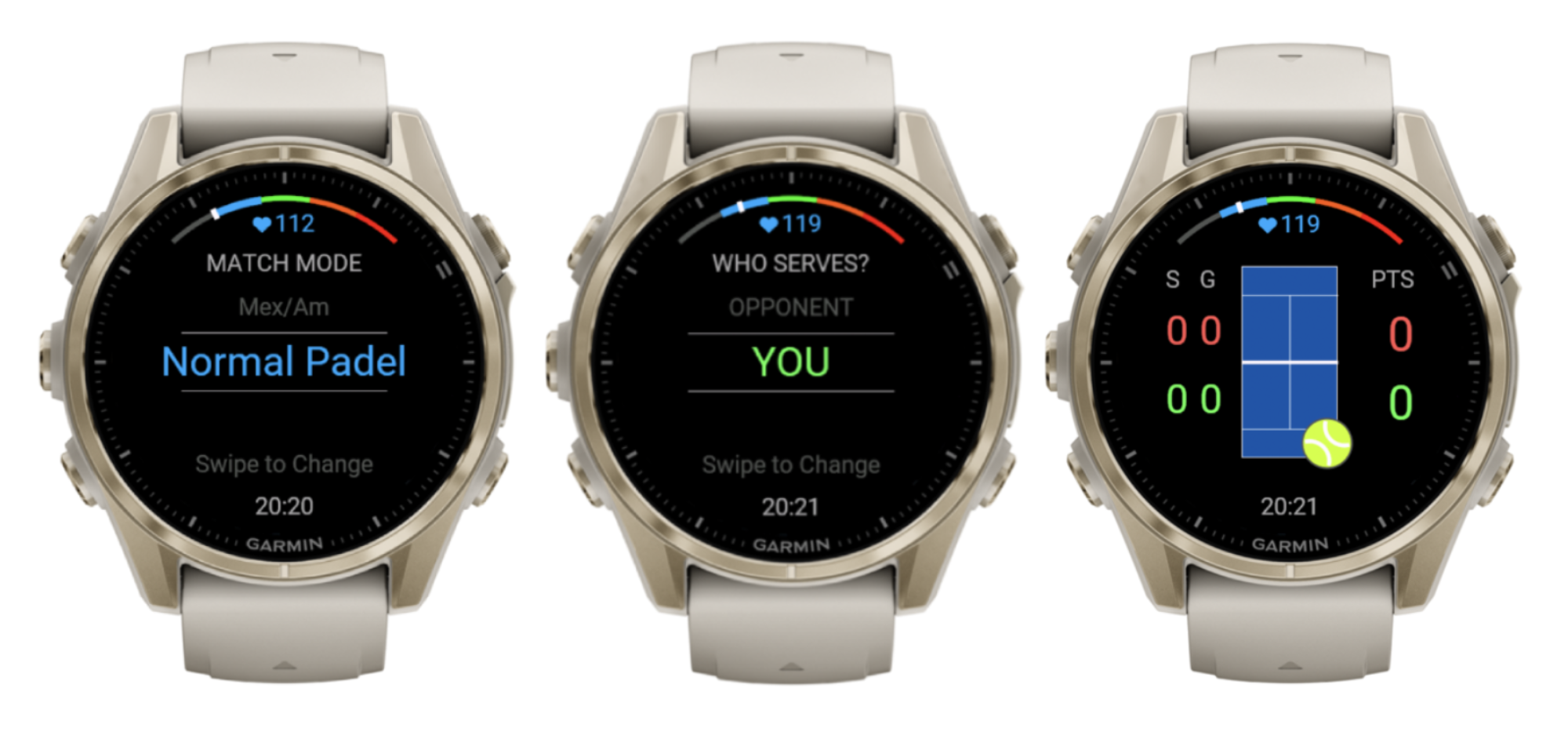 Three Garmin watch screens showing Padel Smash match setup: match mode, first server and the main court view