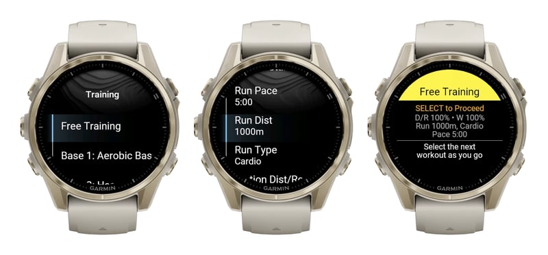 Hybrid Smash Free Training on a Garmin watch: the Training menu, the Free Training settings with Run Type Cardio, and the preview before the start