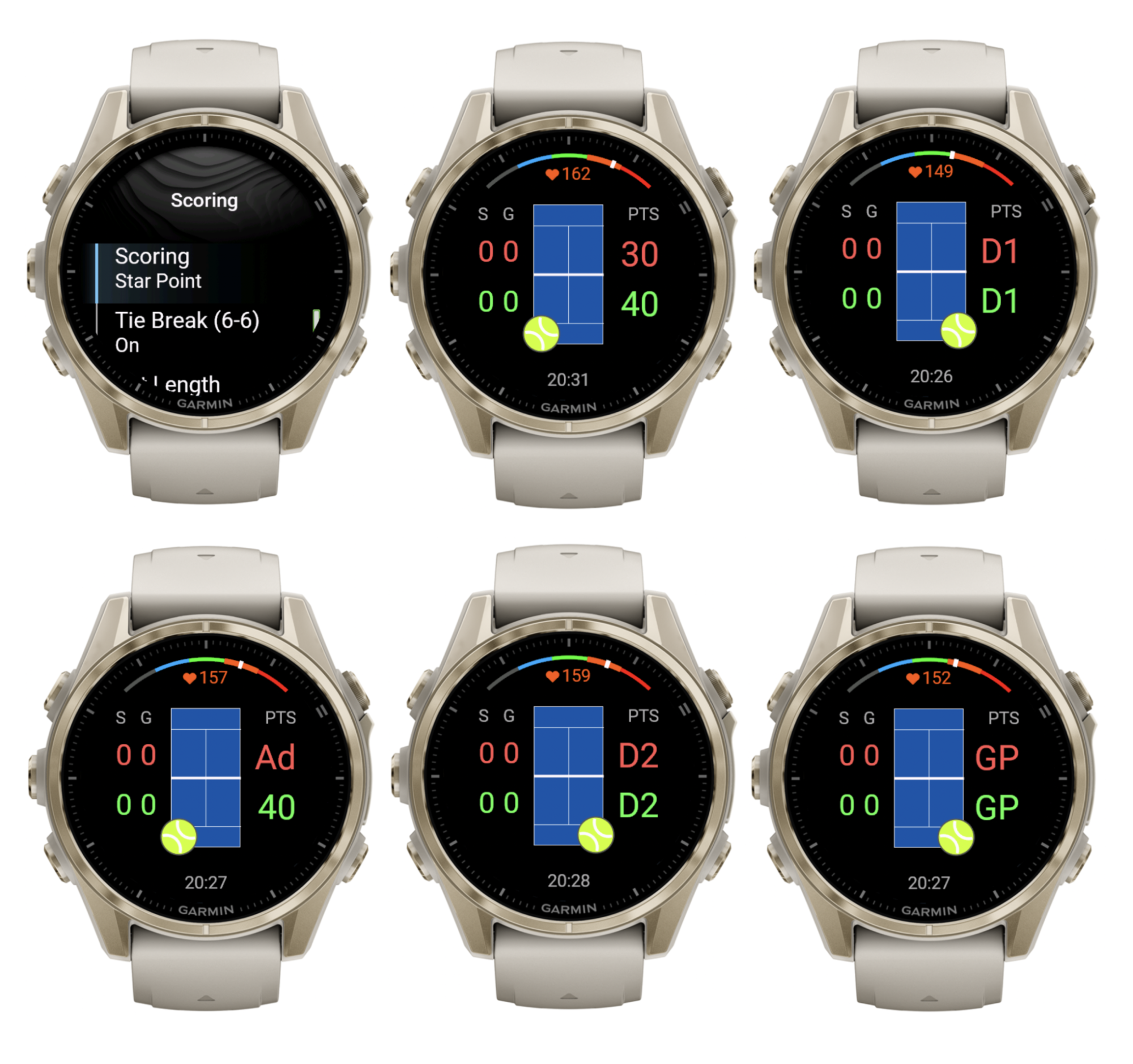 Six Garmin watch screens showing Padel Smash scoring states, including Star Point, second deuce, game point and advantage