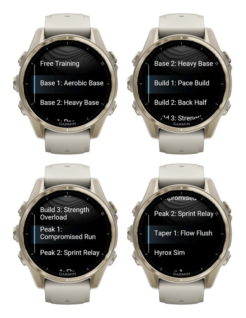 Hybrid Smash Training menu on a Garmin watch with the Base 1, Build 1, Peak 1 and Taper 1 ready-made HYROX workouts
