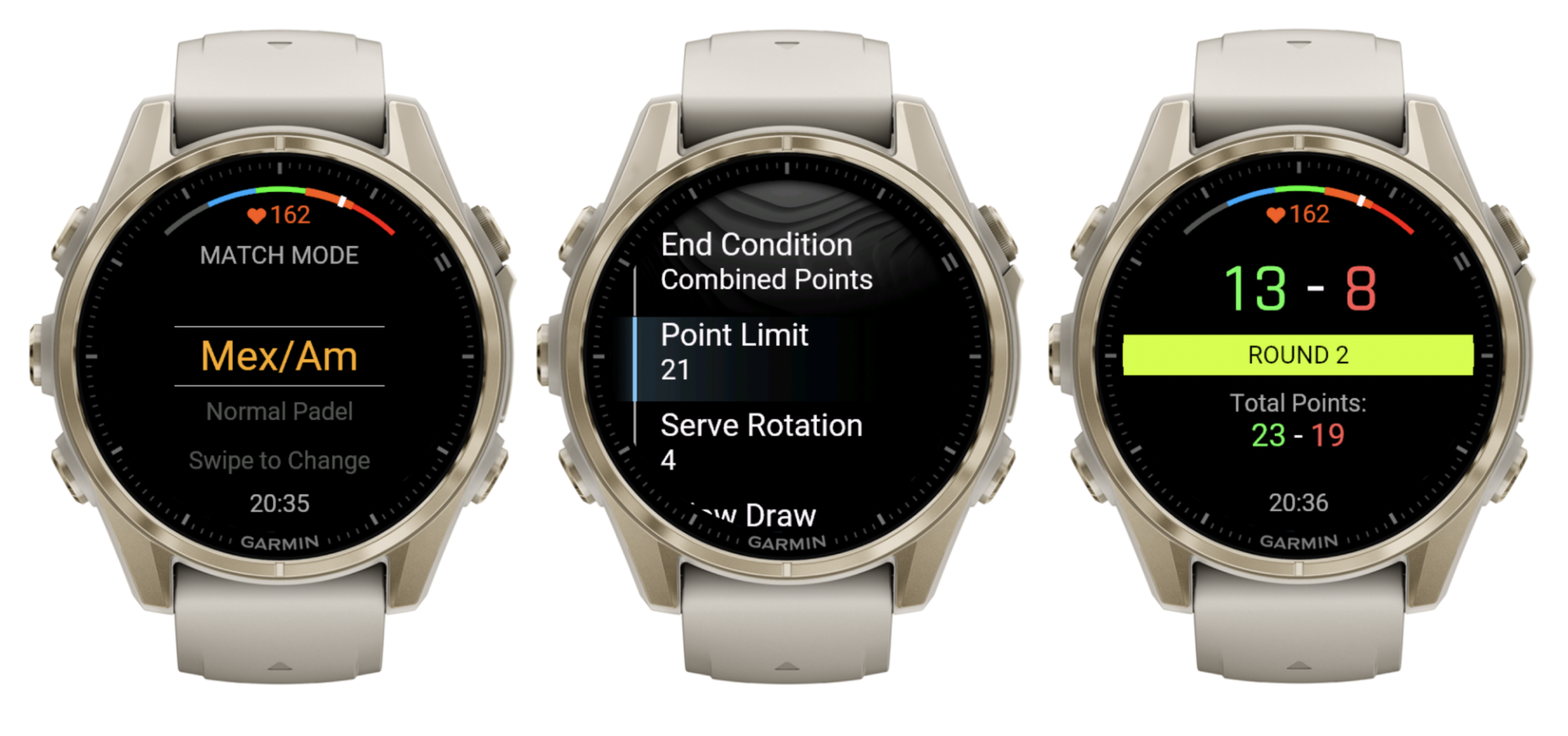 Three Garmin watch screens showing Padel Smash Mex/Am mode for Mexicano and Americano: end condition, point limit, serve rotation and round result