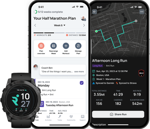 Runna training app shown on two phones and a smartwatch