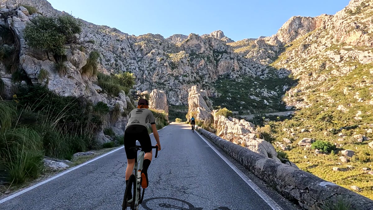 Zwift Video route showing a rider on a real-world road with the HUD turned off
