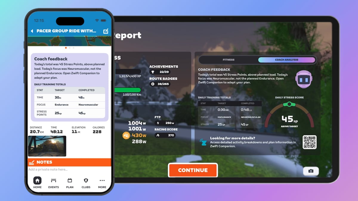 Zwift Coach personalised training plan with a scheduled pacer ride and session details
