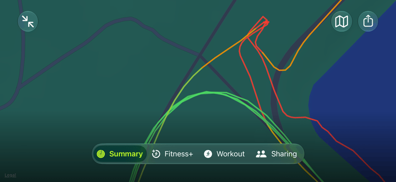 Apple Watch Ultra 3 auto transition map, with the swim ending at the mount line and the run starting at the dismount line