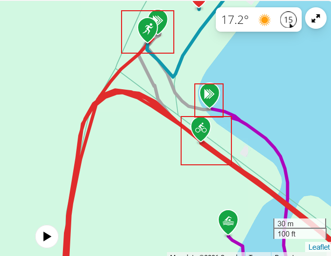 Fenix 9 Pro auto transition map, with T1 starting at the swim exit and the run starting at the bike rack
