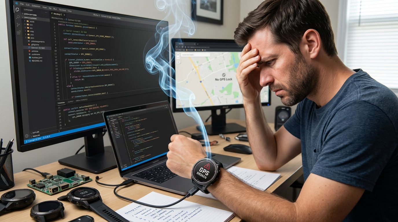 Garmin Fenix 9 Pro searching for GPS in a Connect IQ app