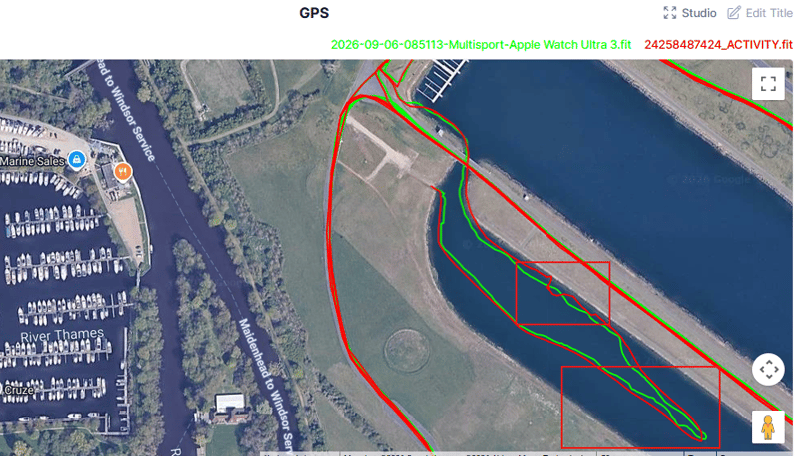 Open water swim GPS tracks from Fenix 9 Pro and Apple Watch Ultra 3 at Eton Dorney