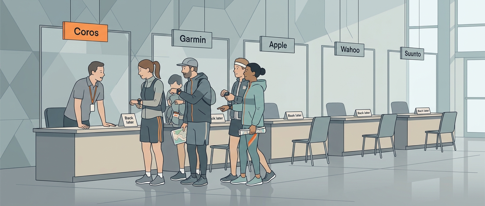 Wide editorial illustration, flat vector style, muted palette with one accent colour. A row of five identical help desks in a large hall, each with a small sign: Coros, Garmin, Apple, Wahoo, Suunto. Only the Coros desk is staffed: a person in a plain polo shirt leans forward, talking with a queue of runners and cyclists in sports kit holding GPS watches. The other four desks are empty, chairs pushed in, a “Back later” card on each. no text other than the desk signs. Clean, calm, slightly wry, no caricature. 