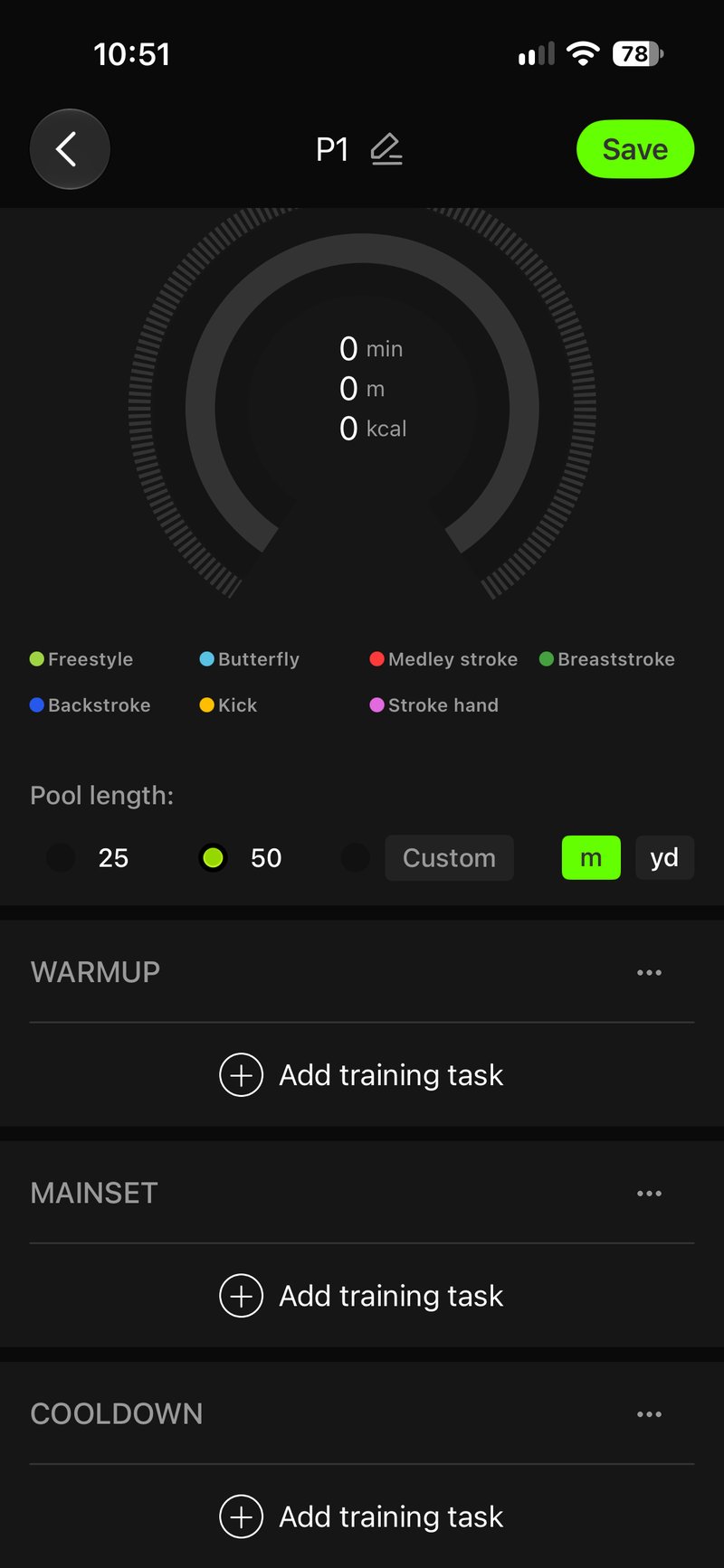 HoloSport app custom pool training plan builder for HoloSwim 3 Pro, screen 3