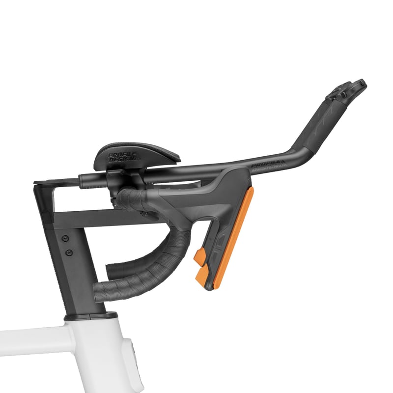 Profile Design Zwift Ride Supersonic Aerobar side view showing the Ergo+ armrests, 52A extensions and Zwift Click Holder
