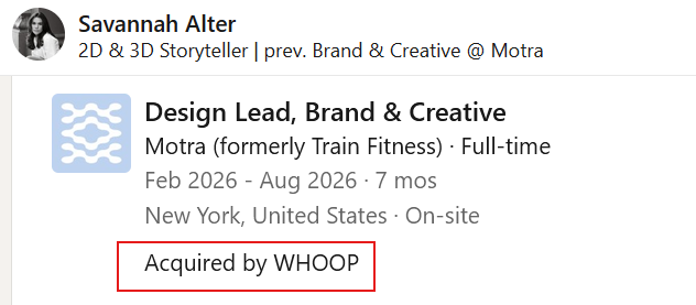 LinkedIn EVIDENCE: MOTRA acquired by Whoop