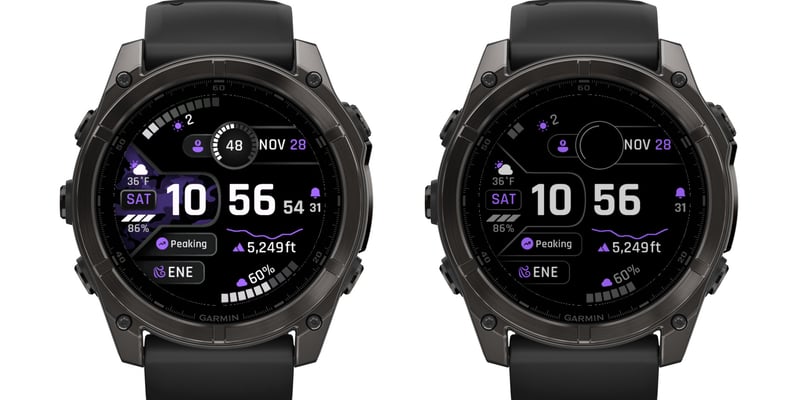 CAMIX 9 awake beside its dimmed and outlined always-on page on two fenix 8 47 mm watches in the Violet theme