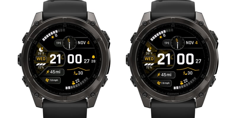 CAMIX 9 Default layout beside the Big Time layout on two fenix 8 47 mm watches, with larger hours and minutes on Big Time