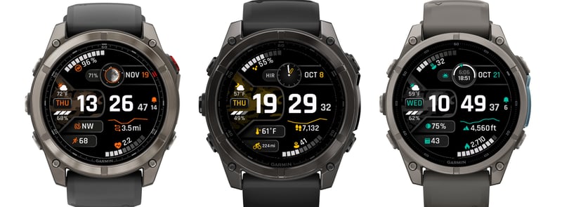 CAMIX 9 Garmin watch face on three watches: Big Time in Gold on a fenix 8, Blaze with the moon phase on a fenix 8 Pro, and Teal with sunrise and sunset on a fenix 9