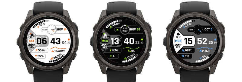 CAMIX 9 on three fenix 8 Solar MIP screens: White with the Contour cut-out, Black with camouflage, and Dark Grey with a white cut-out