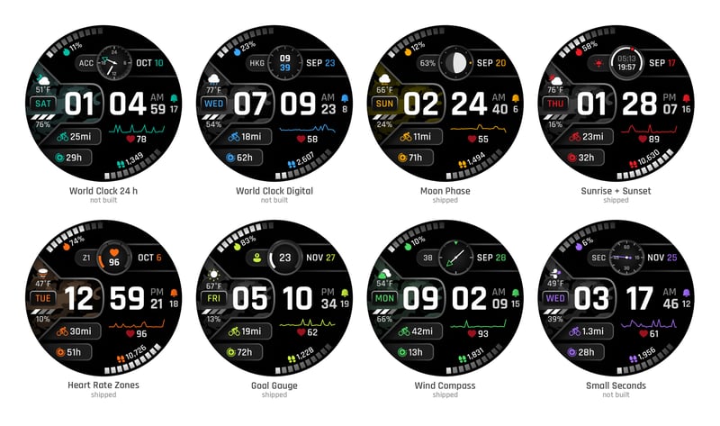 Eight CAMIX 9 sub-dial designs drawn on 20 September 2026, each labelled with whether it shipped
