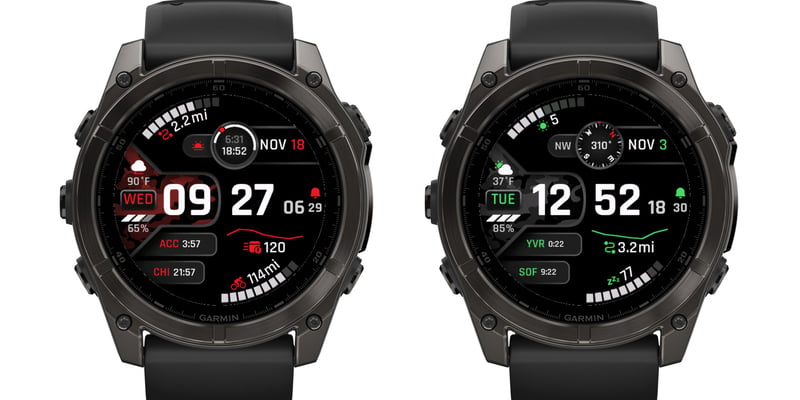 Two CAMIX 9 sub-dial choices on fenix 8 watches: sunrise and sunset on the left and the live heading compass on the right