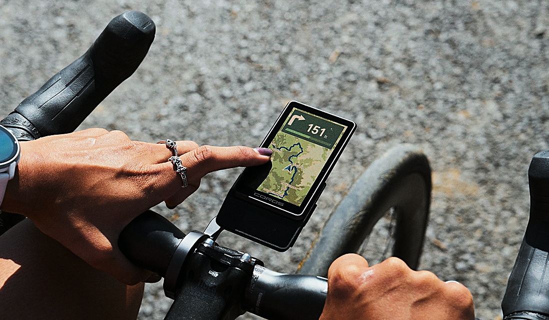 COROS Dura 2 Solar showing turn-by-turn map navigation on the bike