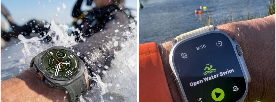 samsung galaxy ultra 2 vs apple watch ultra 4 bth shown worn in open water swimming over a wetsuit by a male