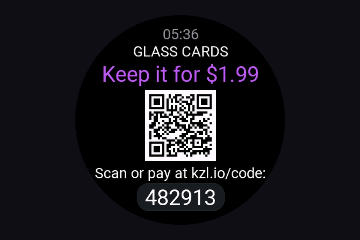 Garmin watch face end-of-trial screen showing the price, a QR code generated on the watch and the unlock code