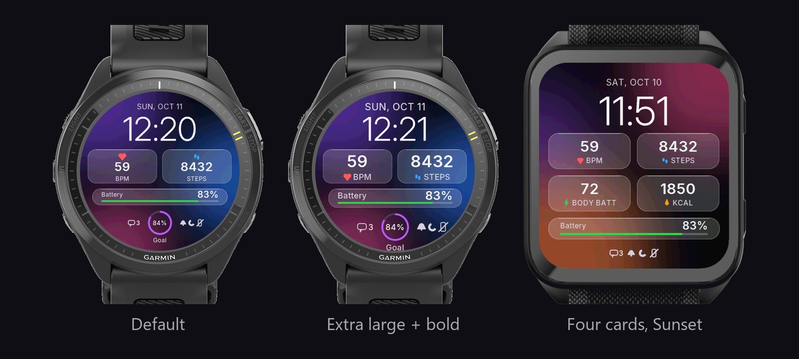 Glass Cards Garmin watch face in its default look, with extra large bold text, and with four cards on a Sunset background