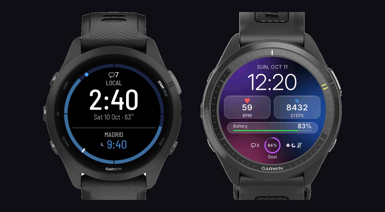 GMT watch face on a Garmin Forerunner 265 with Madrid as the second time zone, next to the Glass Cards watch face on a Forerunner 970
