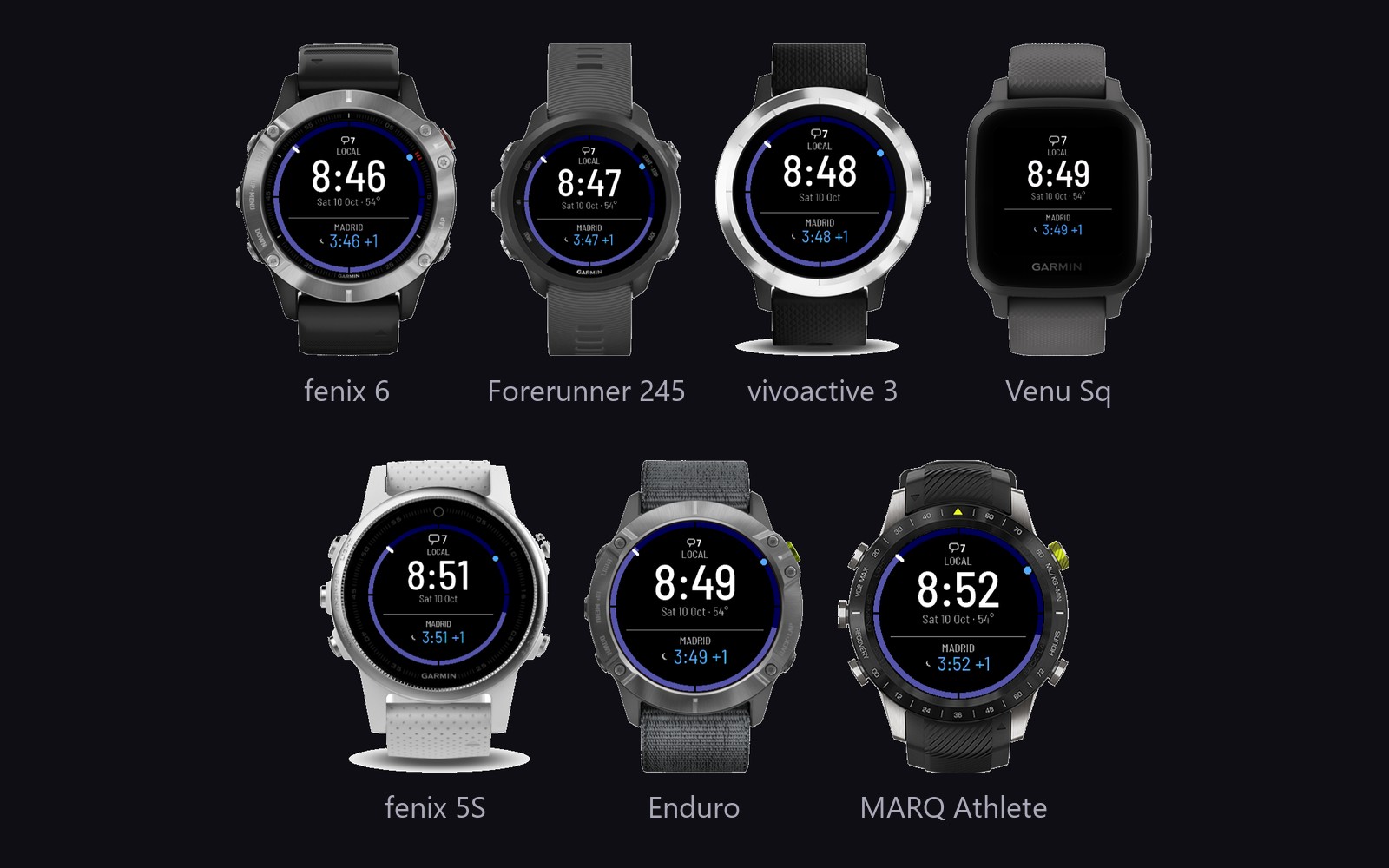 GMT watch face on older Garmin watches including Fenix 6, Forerunner 245, vivoactive 3, Venu Sq, Fenix 5S, Enduro and MARQ Athlete