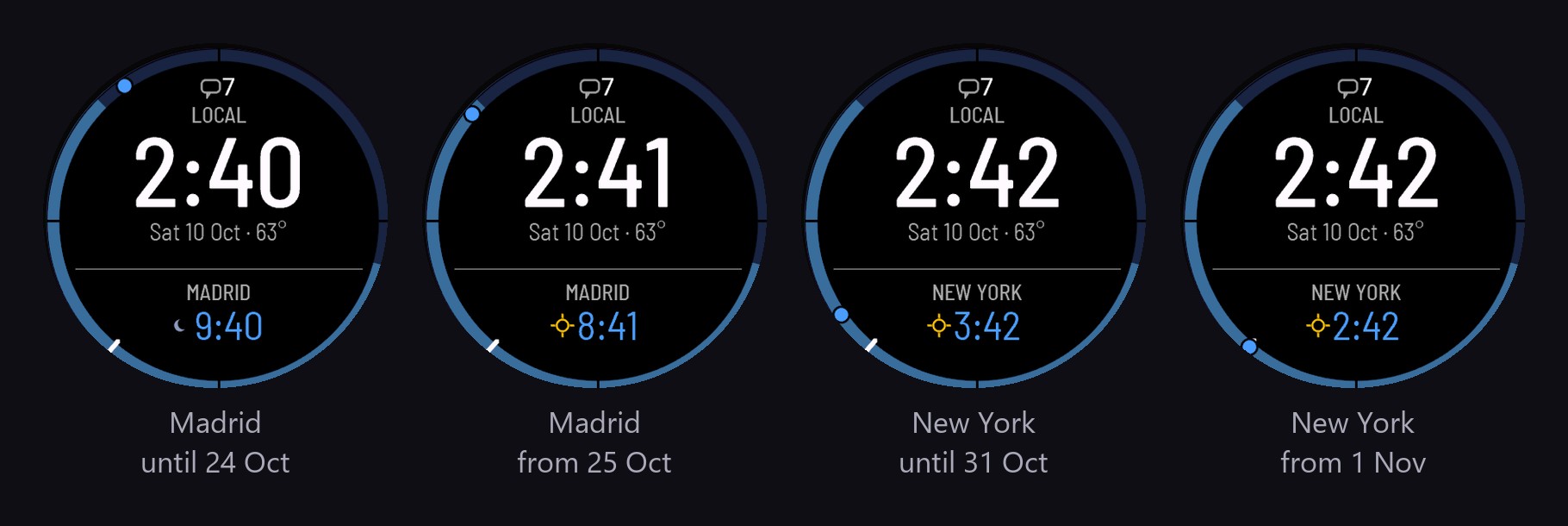 GMT watch face second time zone for Madrid and New York before and after the clocks change in October and November