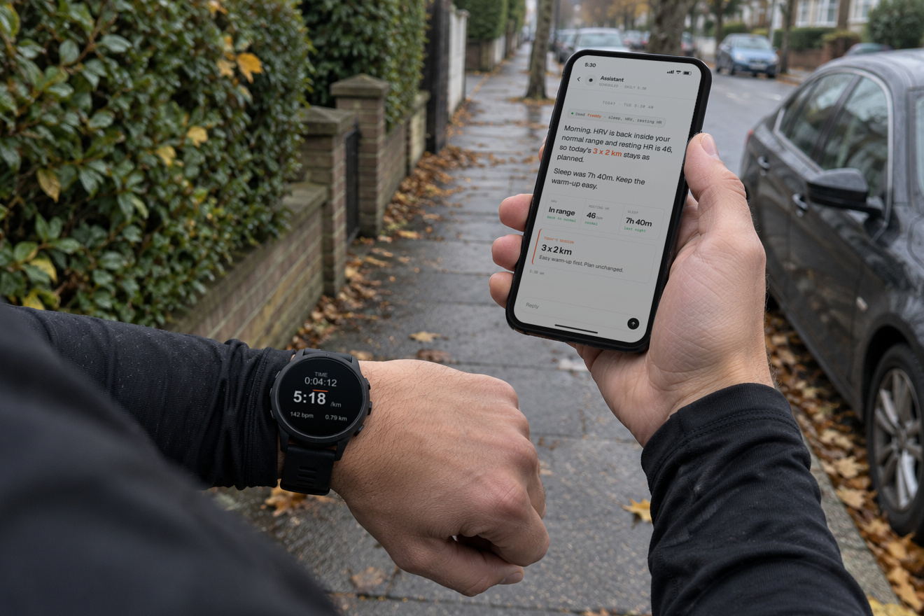 Runner holding a phone showing an AI assistant's answer about sleep and HRV next to the GPS watch that recorded the data