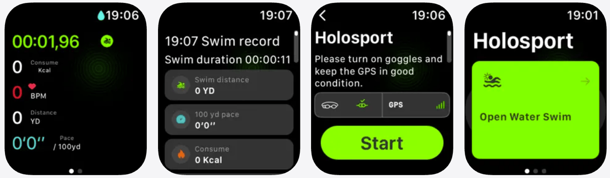 HoloSport watchOS app on Apple Watch showing HoloSwim 3 Pro swim metrics