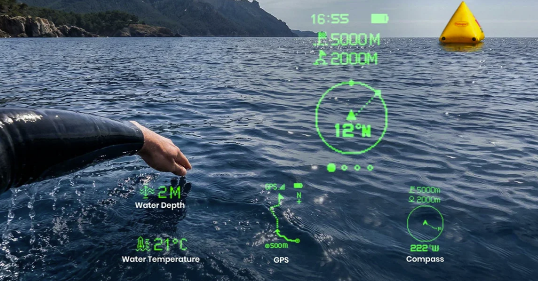 HoloSwim 3 Pro in-lens display showing four metric layouts as the swimmer sees them