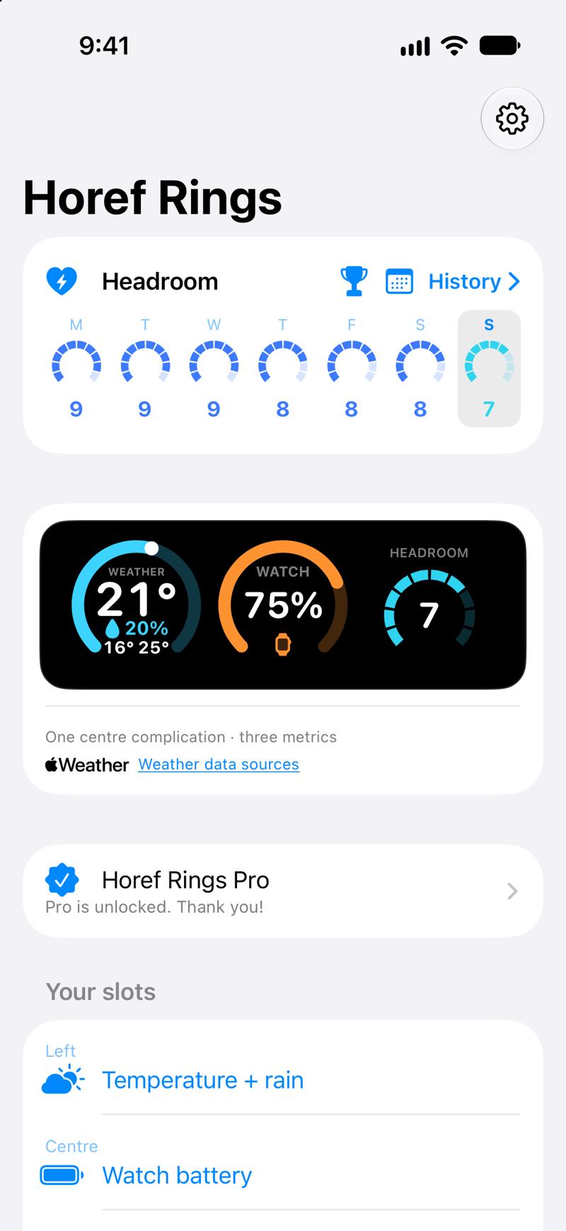 Horef Rings on iPhone showing a week of Headroom scores and a preview of the three-metric watch complication