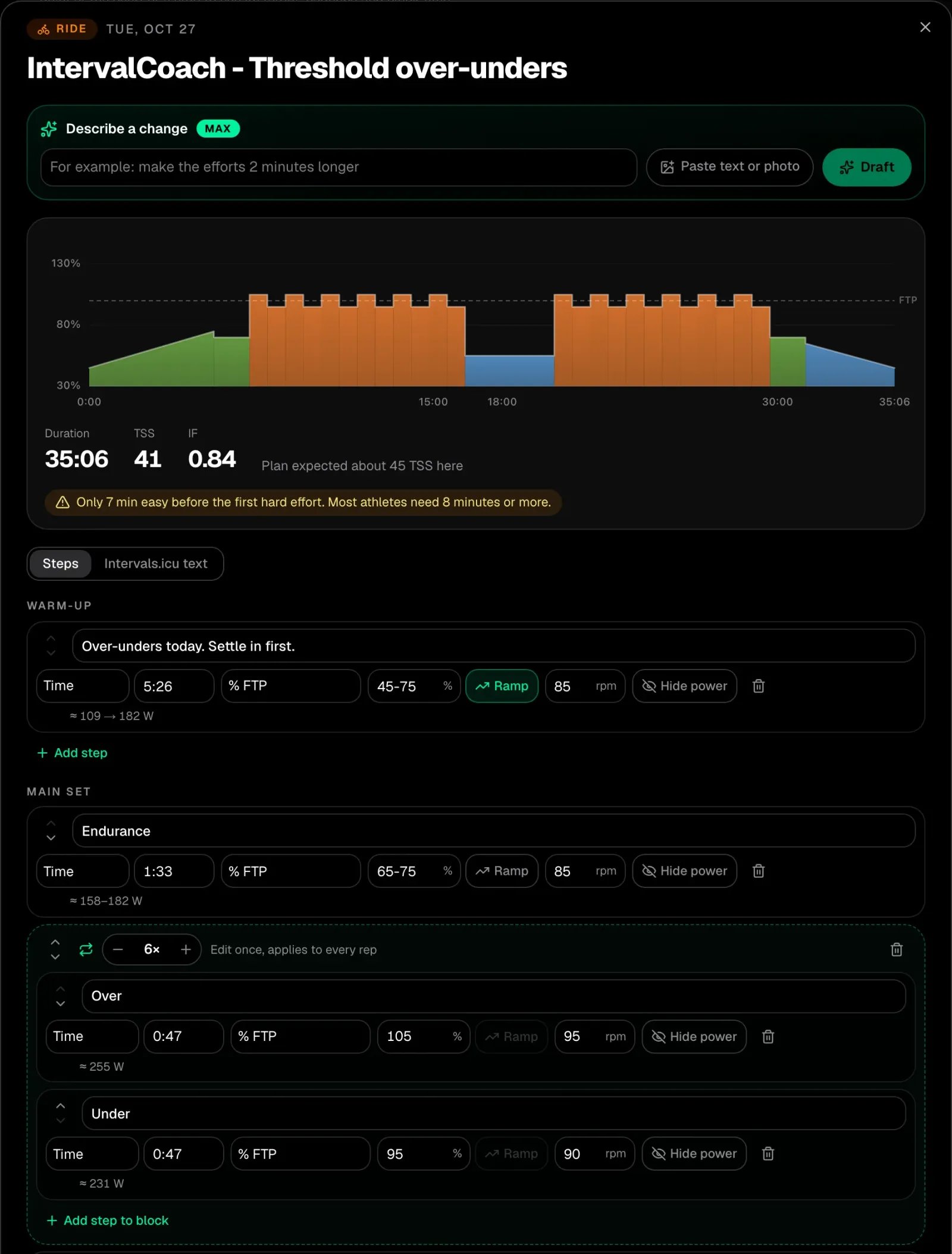 IntervalCoach editing a threshold over-unders ride, with a warning that only 7 minutes of easy riding come before the first hard effort