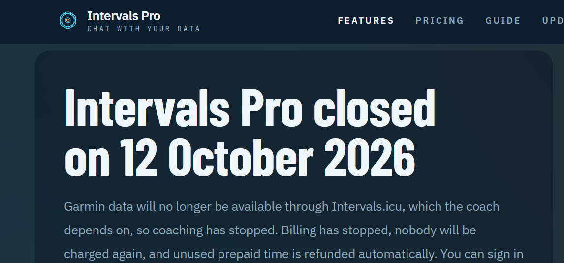 Intervals Pro closure notice on its website, 12 October 2026