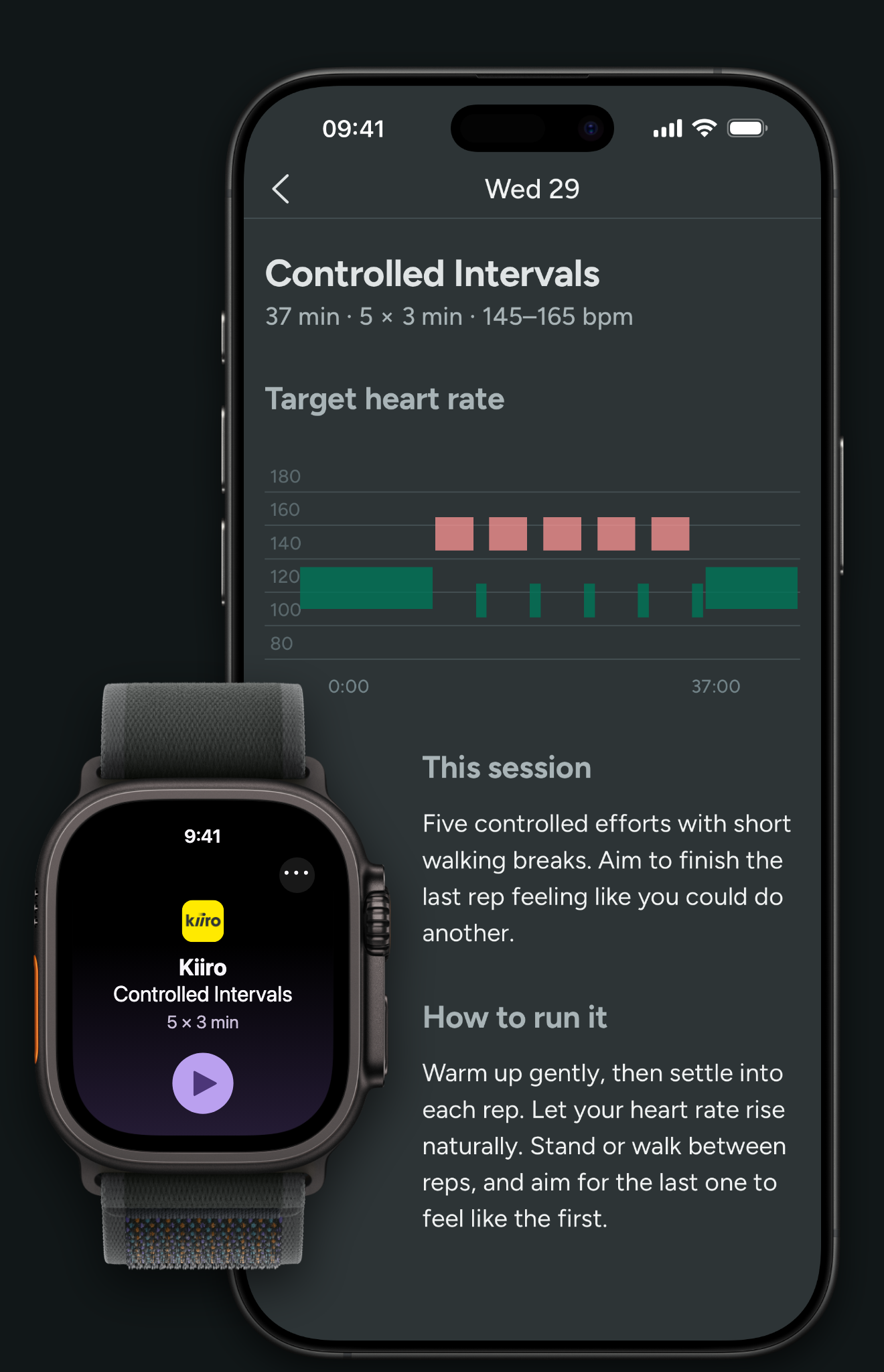 Kiiro Controlled Intervals session with heart rate targets, and the same session in the Workout app on Apple Watch