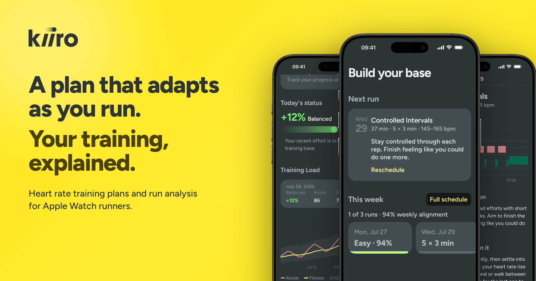 Kiiro on iPhone showing a Build your base heart rate running plan, a Controlled Intervals session and today's training load status
