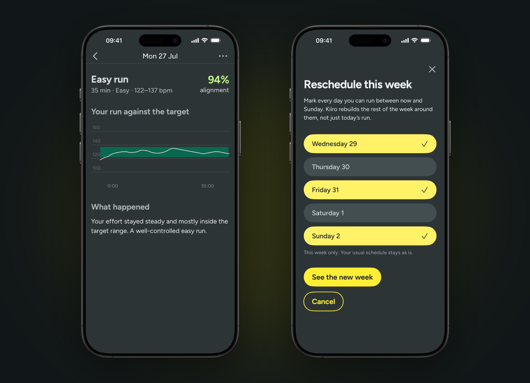Kiiro scoring a run against its heart rate target, and the Reschedule screen rebuilding the remaining days of the week