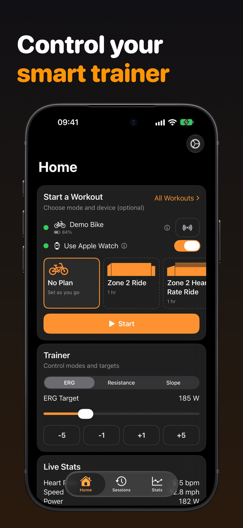 Klemy Cycling home screen with a smart trainer connected and the ERG, Resistance and Slope controls at 185 W