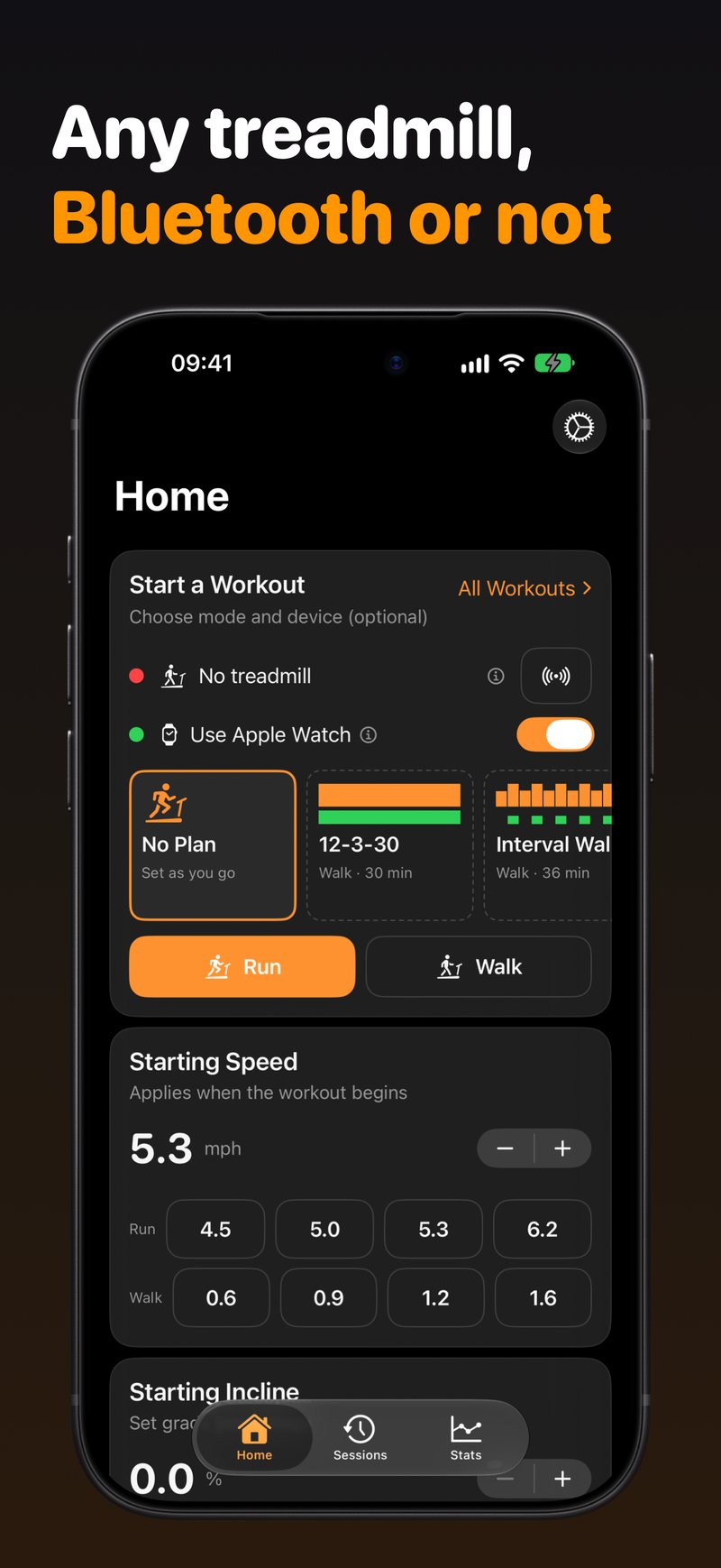 Klemy Treadmill home screen on iPhone with no treadmill connected, a starting speed of 8.5 km/h and ready-made plans