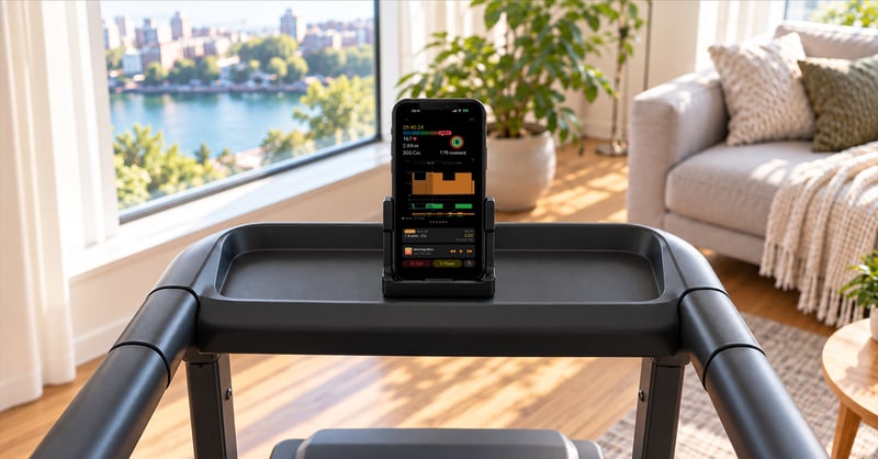 iPhone on a treadmill console running a Klemy Treadmill planned workout, Work 3 of 4 at 12.6 km/h and 2% incline