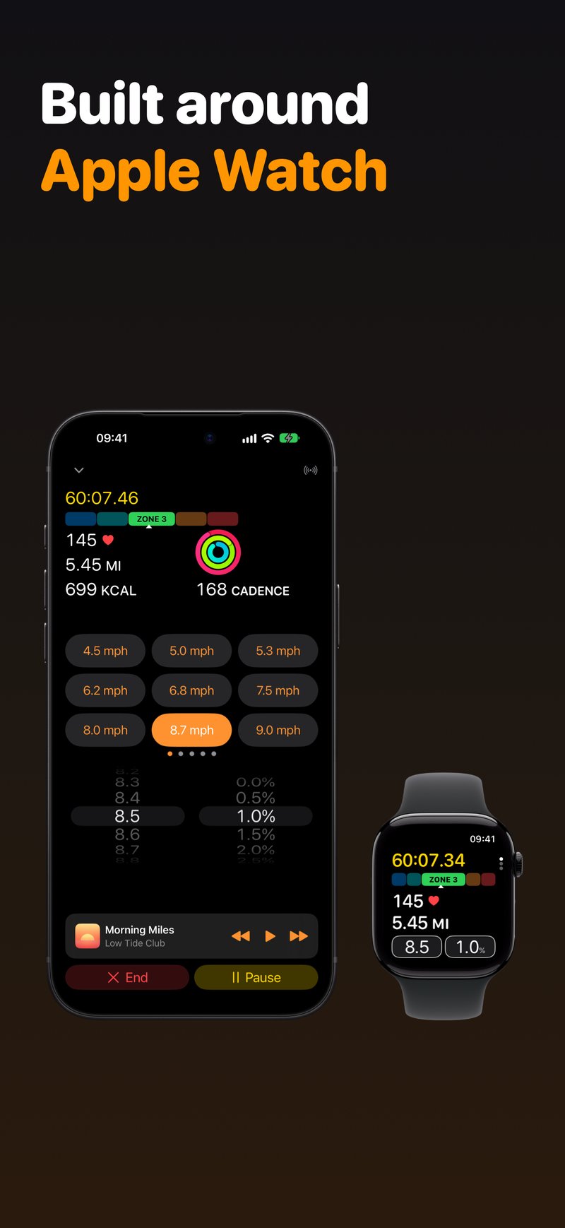 Klemy Treadmill during a run on iPhone and Apple Watch, with speed shortcuts and the speed and incline pickers at 13.7 km/h and 1%