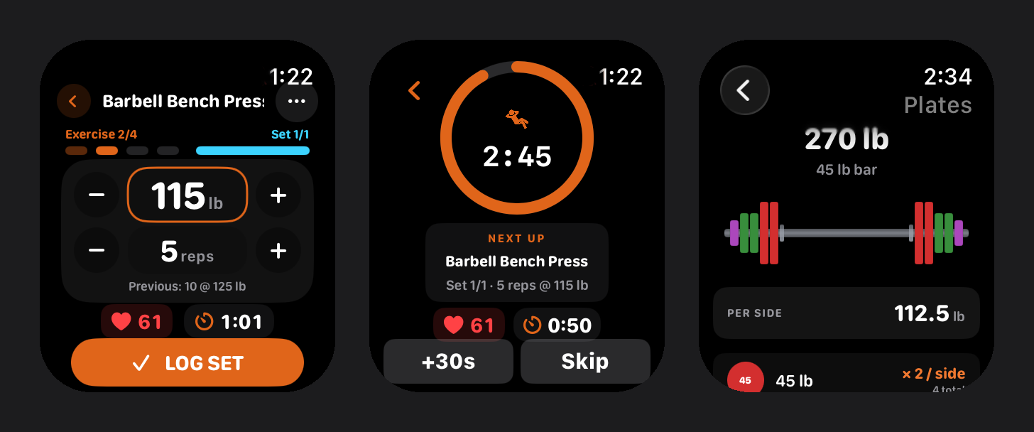 Massiv on Apple Watch: set screen with the previous result, rest countdown with the next set, and the Pro plate calculator