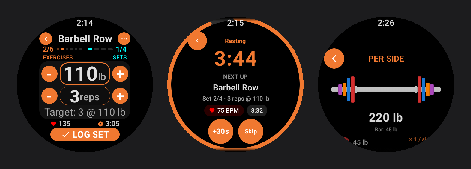 Massiv on a round Wear OS watch: set screen, rest countdown and plate calculator