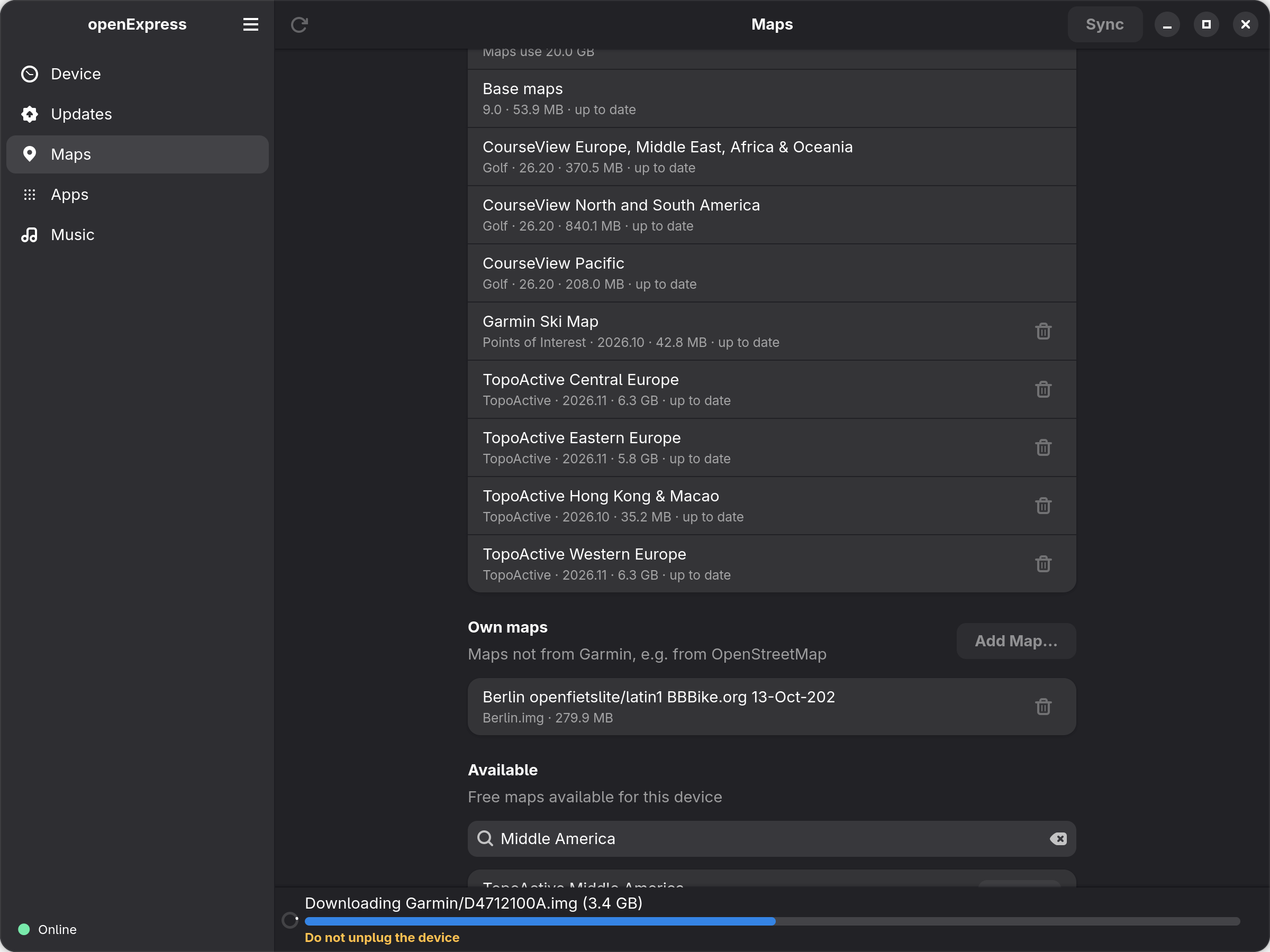 openExpress on Linux downloading the 4.7 GB TopoActive Middle America map for a fenix 8 Solar